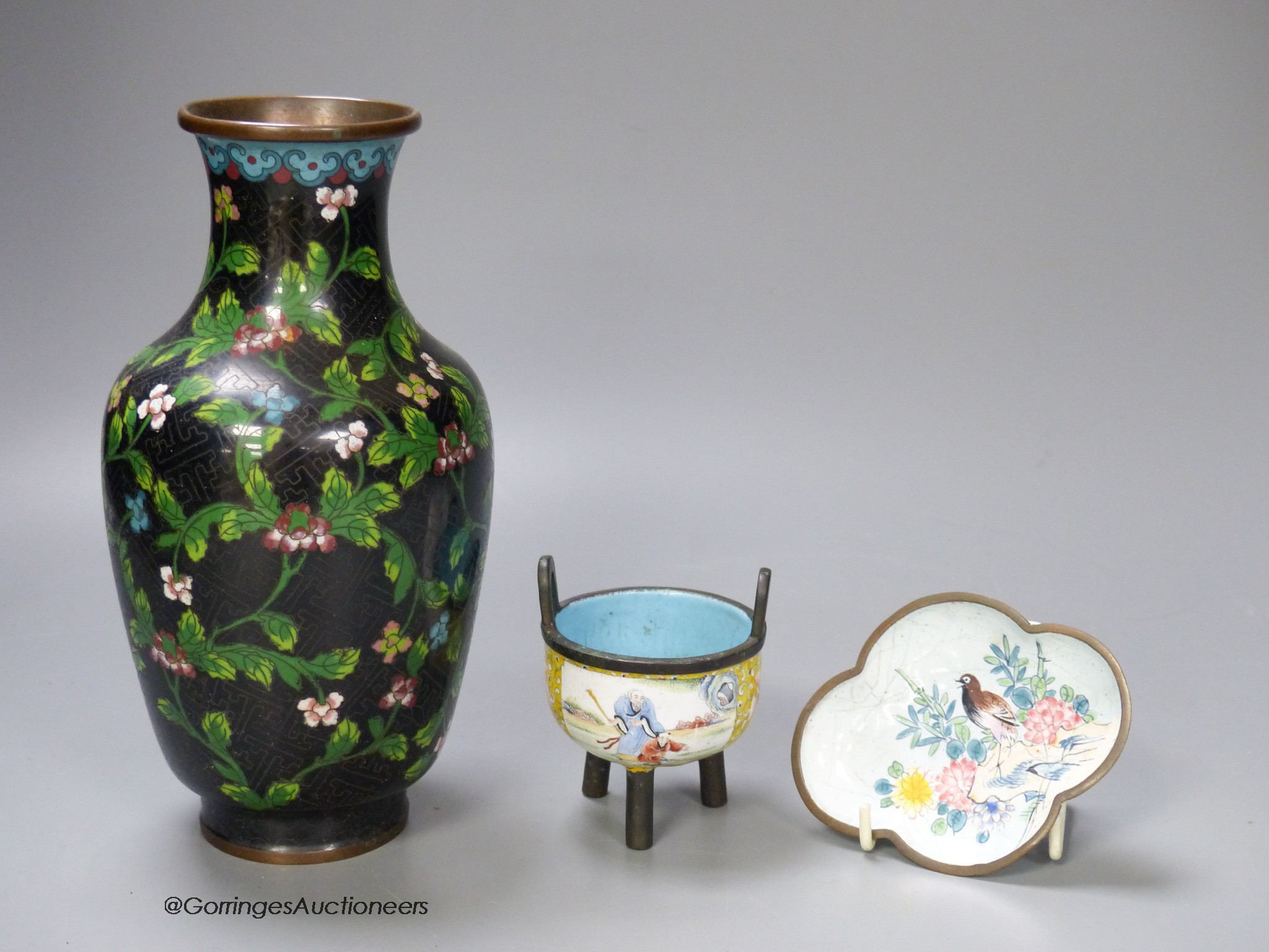 A Chinese enamel on copper tripod censer, a cloisonne enamel vase, 20cm high and a Canton enamel dish